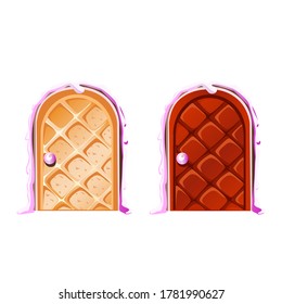 Cartoon magic doors made of waffles and chocolate. The door to the magic candy land. Vector illustration of sweets isolated on white background.