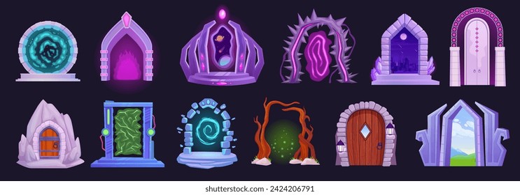 Cartoon magic doors. Wizard gate in mysterious world space dimension, wall magic fairy wood door room fairytale adventure invitation, ingenious vector illustration of magic door portal fantasy