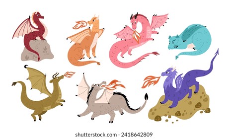 Cartoon magic dragons. Fairy tale monsters. Fantasy creatures. Mythological fire breathing animals. Flying reptiles with wings. Dinosaur characters. Mythical lizards