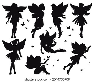 Cartoon magic fairy tale little fairies silhouettes. Magical little fairies girls flying with butterflies vector illustration set. Fantasy pixie creatures. Fairy beauty black silhouette, princess set