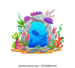 Cartoon magic game sea underwater portal gate and door. Vector stone archway surrounded by vibrant sea plants and coral, with a shadowy jellyfish silhouette creating a mysterious oceanic atmosphere