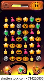 Cartoon magic Halloween game elements. Screen with the interface of the game playing field with pumpkins, stars, candle and candies. Wooden panel, buttons and progress bar.Vector game ui.