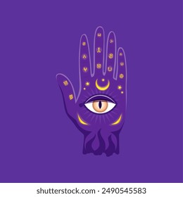 Cartoon magic hand with all seeing eye. Isolated vector occult amulet with mystic symbols. Open human palm with signs for palmistry, spirituality, alchemy and esoteric, fortune telling, tarot cards