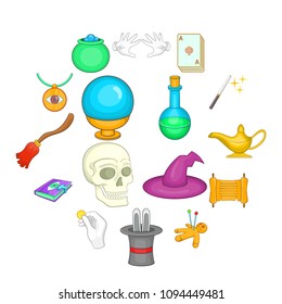 Cartoon magic icons set. Universal magic icons to use for web and mobile UI, set of basic magic elements isolated vector illustration