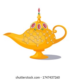 Cartoon Magic lamp isolated on white background.Golden Magic lamp with precious stones and pearls .Vector illustration.