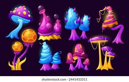 Cartoon Magic Mushrooms Set. Vector Fantasy Fee Krötenhocker, halluzinogene Pilze, isolierte außerirdische ungewöhnliche Pflanzen