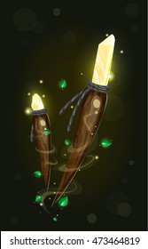 Cartoon magic object. Ancient wooden amulet with yellow crystal,Green leaves. Vector game element.