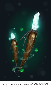 Cartoon magic object. Ancient wooden amulet with blue crystal,Green leaves. Vector game element.