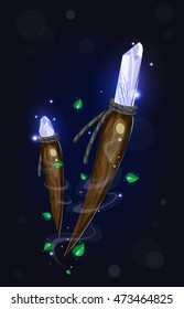 Cartoon magic object. Ancient wooden amulet with sapphirine crystal,Green leaves. Vector game element.