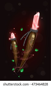 Cartoon magic object. Ancient wooden amulet with red crystal,Green leaves. Vector game element.
