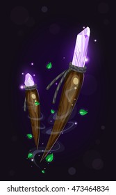 Cartoon magic object. Ancient wooden amulet with violet crystal,Green leaves. Vector game element.