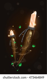 Cartoon magic object. Ancient wooden amulet with orange crystal,Green leaves. Vector game element.