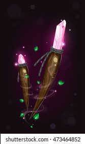 Cartoon magic object. Ancient wooden amulet with pink crystal,Green leaves. Vector game element.