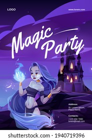 Cartoon magic party poster. Vector illustration.