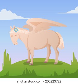 Cartoon magic pegasus on green grass. Vector