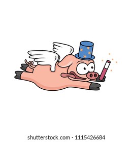 cartoon magic pig is flying with its wings