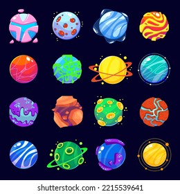 Cartoon magic planets, stars and satellites on dark background. Cosmos theme collection. Solar system outer space colorful planets for children icons. Vector illustration