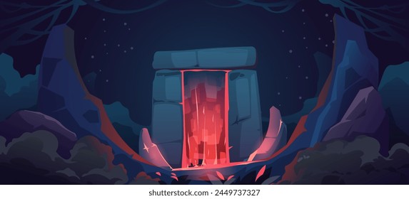 Cartoon magic portal background. Fantasy entrance arch with neon light effect, magic gate with star and lightning, mystic alien landscape. Vector illustration. Stone archway frame with red glow