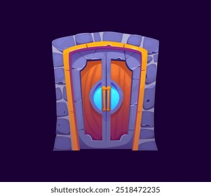 Puerta de portal mágico de dibujos animados, recurso de juego de fantasía de brujería. Puerta medieval de madera de Vector del castillo enmarcada por un arco de piedra con una gema azul brillante en el centro, que exuda aura de misterio y secreto