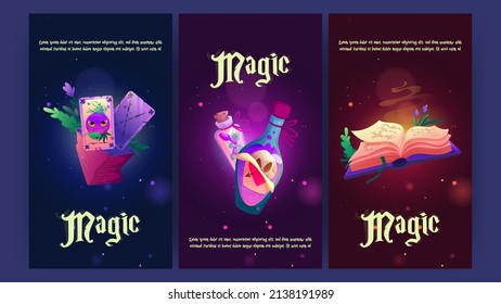 Cartoon magic posters with witch stuff, magician spell book, cards, plant and potion bottles. Witchcraft background for computer game, wizard, alchemy school education concept, Vector illustration svg