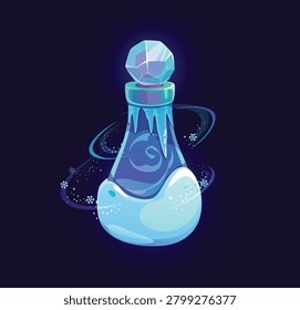 Cartoon magic potion bottle, alchemy elixir and Halloween witchcraft ice frost spell. Freezing magic glass potion bottle or cartoon vector witch spell vial with icicles, snow and spinning snowflakes