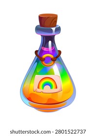Cartoon magic potion bottle with glowing rainbow liquid and wooden cork, vector vial. Witch magic potion bottle with iridescent elixir drink for witchcraft fairy tale alchemy or Halloween holiday