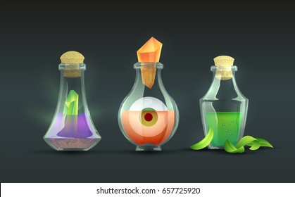 Cartoon magic potions collection. Vector alchemy bottles with witchery ingredients. Wizardry elixir liquids with strange contents.