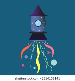 Cartoon magic rocket in a magic suit takes off into space