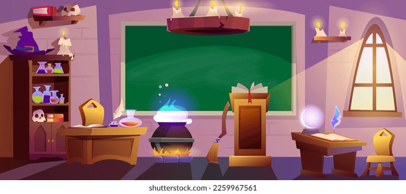 Cartoon magic school classroom with chalkboard, cauldron, witch hat and wooden desks for pupils. Empty wizard room with spell book, broom, window, glowing candles and green blackboard.