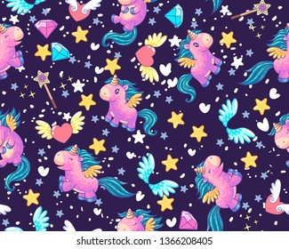 Cartoon magic seamless pattern. Decor elements set with cute unicorns with diamonds, hearts, magic and wings. It can be used for sticker, patch, phone case, poster, t-shirt, mug and other design.