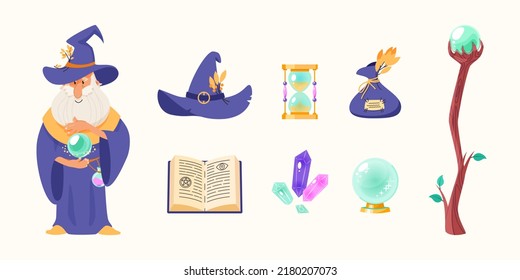 Cartoon magic set. Illustrations of an elderly wizard with crystal ball, a magic staff and six magic icons isolated on a white background. Vector 10 EPS.