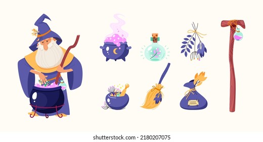 Cartoon magic set. Illustrations of an elderly wizard cooking a bubbling magic potion in a cauldron, a magic staff and six magic icons isolated on a white background. Vector 10 EPS.
