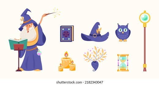 Cartoon magic set. Illustrations of an elderly wizard casting a spell, a magic staff and six magic icons isolated on a white background. Vector 10 EPS.
