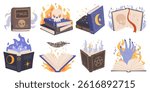 Cartoon magic spell books. Wizard manuscripts with different mystery effects, fantasy charms, fairy tales, game elements, fire, scull and spooky hand. Recent vector comic isolated set