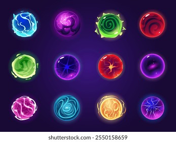 Cartoon magic spheres. Toxic gas hot magma iced globes. Vibrant planets, purple green red blue fantasy game ui elements, nowaday vector set