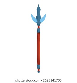 Cartoon magic staff with sharp metal tip and wooden handle standing upright isolated on white background