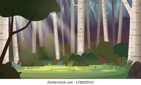 Cartoon magic summer birch forest glade with sunbeams. Forest wilderness landscape. 