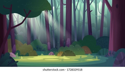 Cartoon magic summer jungle forest glade with sunbeams. Forest wilderness landscape. 