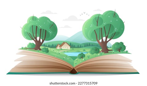 Cartoon magic summer nature with trees and mountains, water of lake and cute family house, fantasy adventure in storybook. Spring forest landscape on paper pages of open book vector illustration.