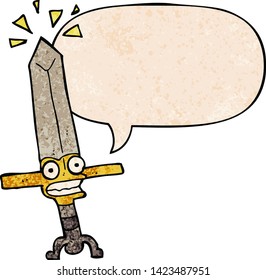 cartoon magic sword with speech bubble in retro texture style