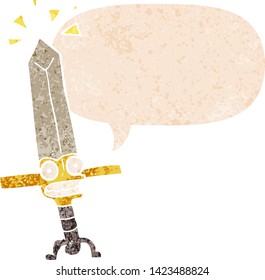 cartoon magic sword with speech bubble in grunge distressed retro textured style