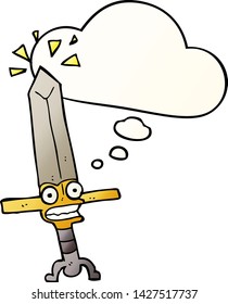 cartoon magic sword with thought bubble in smooth gradient style