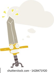 magia de dibujos animados espada con burbuja de pensamiento en estilo retro