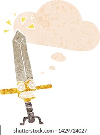 cartoon magic sword with thought bubble in grunge distressed retro textured style