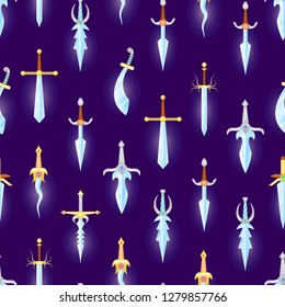 Cartoon Magic Swords Seamless Pattern Background on a Blue Fantasy Knight Weapon Concept Element Flat Design Style. Vector illustration of Sword