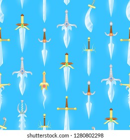 Cartoon Magic Swords Seamless Pattern Background Fantasy Knight Weapon Concept Element Flat Design Style. Vector illustration of Sword