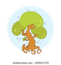 Cartoon magic tree with roots illustration in front of blue abstract circle isolated on a white background.