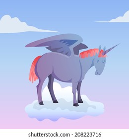 Cartoon magic unicorn pegasus on cloud. Vector