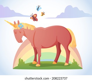 Cartoon magic unicorn with rainbow and butterflies. Vector