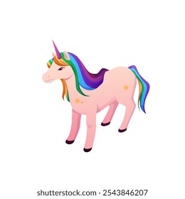 Cartoon magic unicorn with a rainbow mane and tail, pink horn stands. Cute fantasy unicorn character, fairy tale pony animal. Girlish beautiful mythical creature. Vector flat illustration isolated